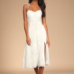 Lulus Loveliest Looks White Floral Jacquard Tie-strap Midi Dress - Size M